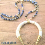 GIE DESIGNS boho necklace, crescent necklace pearl, bone and blue sodalite necklace, designer necklace, handcrafted unique necklace, handcrafted in the USA