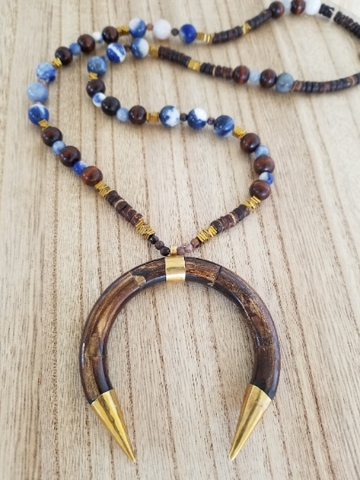 Boho Crescent Horn Necklace in brown & blue semi-precious stones