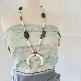 boho horned necklace, semi-precious stones, labradorite, green jasper