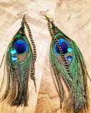 Chained Peacock Feather Earrings